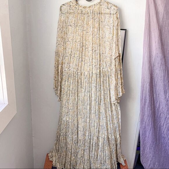 Ne Quittez Pas Chiffon Yellow Midi Dress Sheer Long Sleeve S - Picture 7 of 10